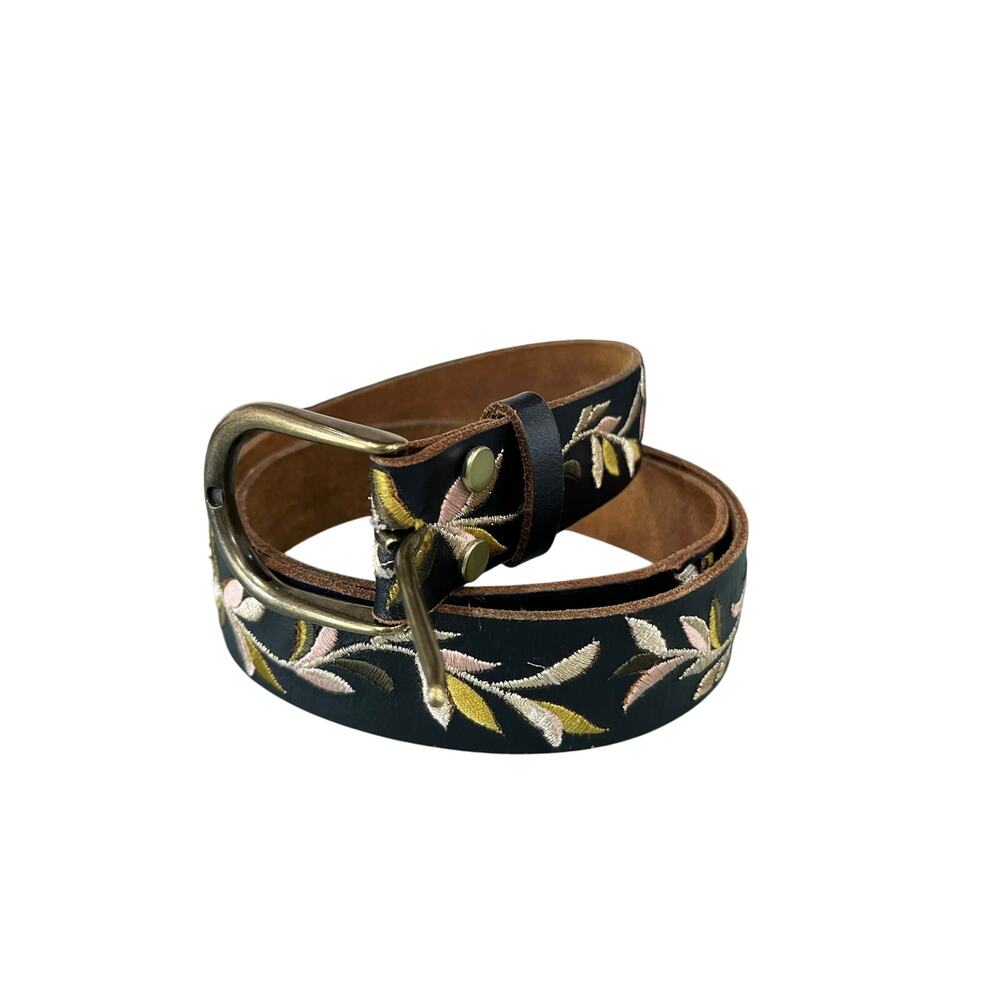 Lucky Brand Black Embroidered Floral Leather Belt Size Large